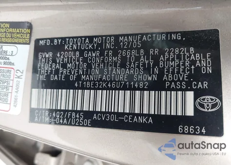 2006 Toyota Camry Le из США, поврежденный, VIN 4T1BE32K46U711482